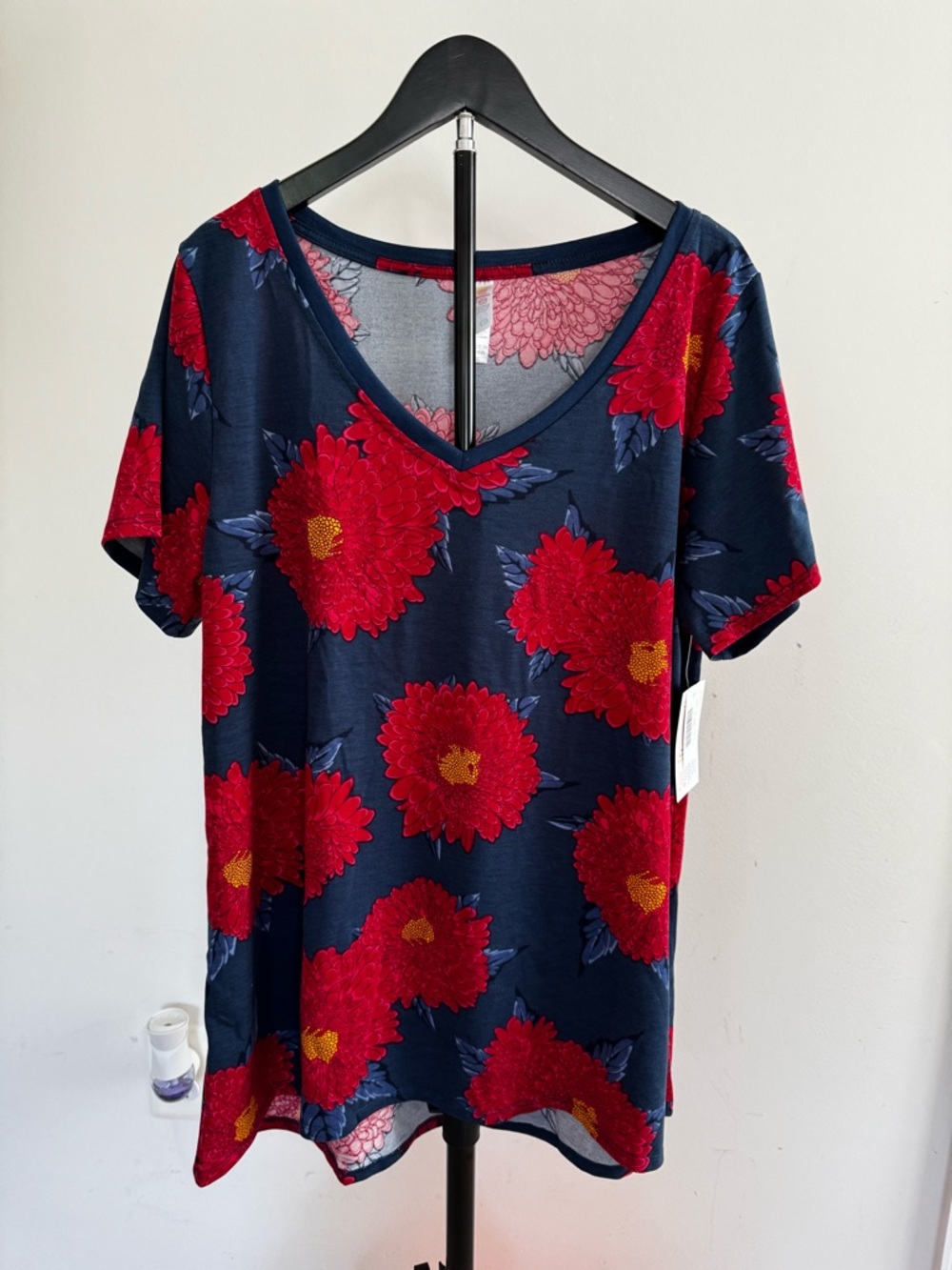 LuLaRoe Navy V-Neck Tee with Red Floral Print